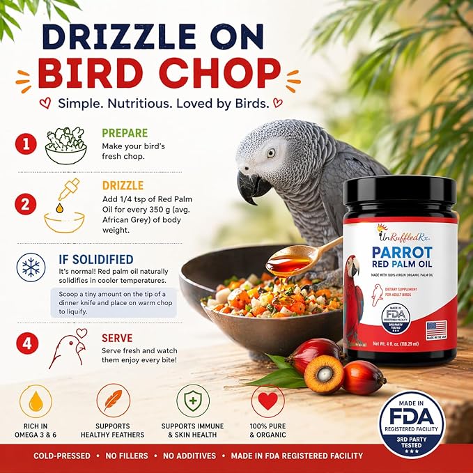 UnRuffledRx™ Red Palm Oil for Birds & Parrots - Provides Nutritional Support - Ethically Produced Organic Red Palm Oil to Support Feather & Skin Health