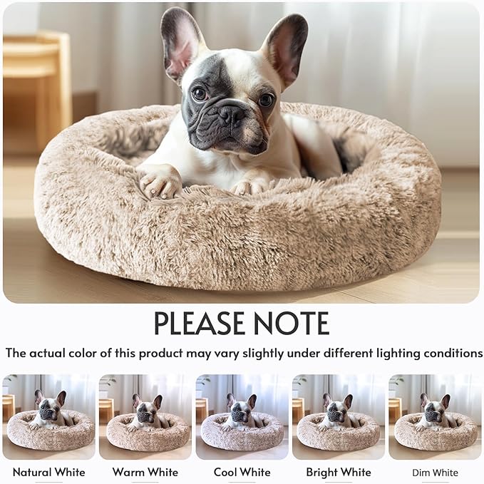 JOLLYVOGUE Calming Dog Bed Large Size Dog, Anti-Anxiety Donut Large Pet Bed, 36 inches Fluffy Faux Fur Round Cat Bed, Fits up to 75 lbs Pets (Cream Brown)