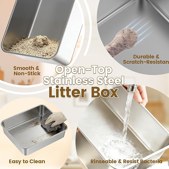 Small Stainless Steel Cat Litter Box - 11.8" High Sided, Open-Top Design,Low Entry for Kittens & Small Cats, Anti-Leak & Easy to Clean, Compact Space-Saving Size(17.3"L x 13.4"W × 11.8"H),Gray