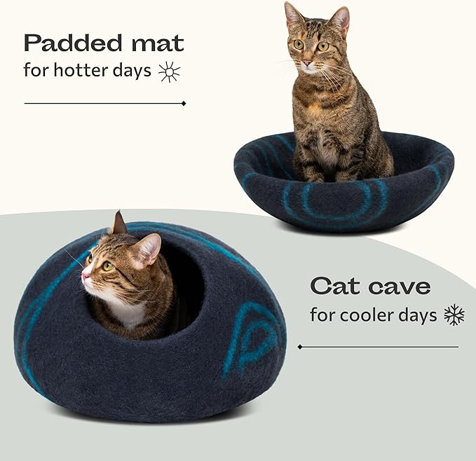 MEOWFIA Cat Cave – Premium Felt Cat Bed for Indoor Cats, Handmade Merino Wool (Black Aqua, Large)