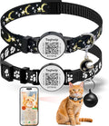 QR Code Breakaway Cat Collar with Online ID & Reflective Safety, 2 Pack Adjustable Night Visibility Collars - Smart Lost Pet Recovery with Bell, Moon & Star Design for Indoor Outdoor Cats (Black)
