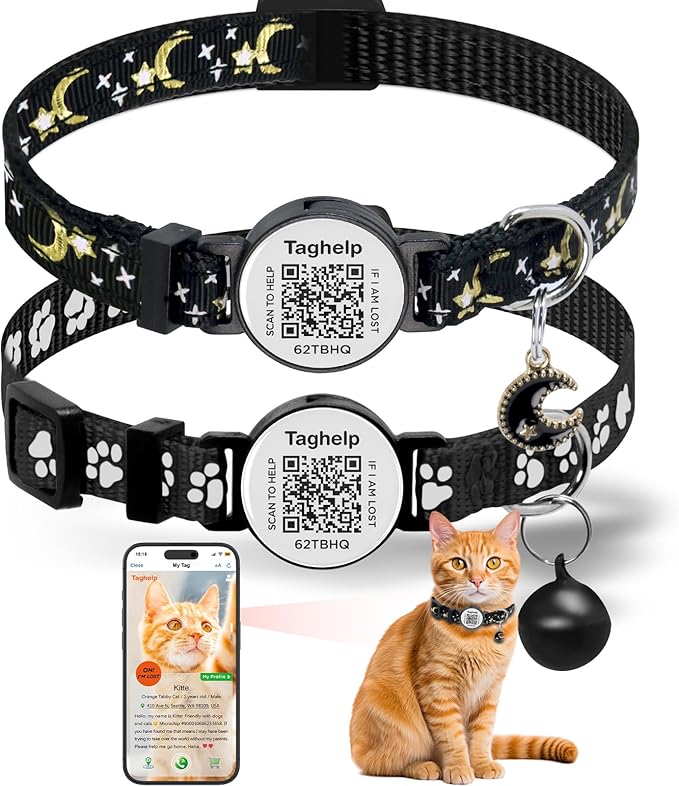 QR Code Breakaway Cat Collar with Online ID & Reflective Safety, 2 Pack Adjustable Night Visibility Collars - Smart Lost Pet Recovery with Bell, Moon & Star Design for Indoor Outdoor Cats (Black)