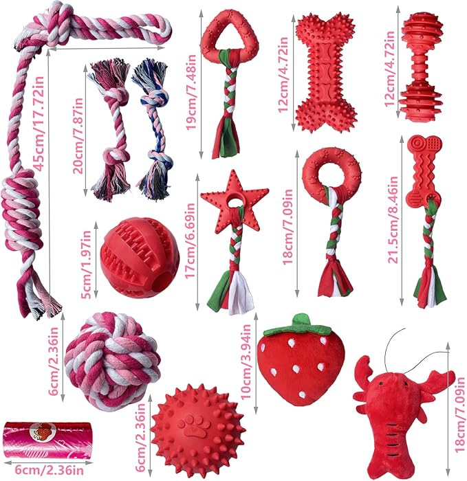 20 Pack Dog Chew Toys for Puppy, Small Dog Toys with Ropes, Treat Ball and Squeaky Plush Toys for Puppy Teething, Rubber Chew Toys
