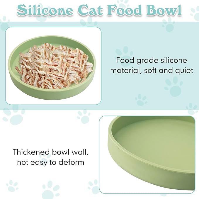 Silicone Cat Food Bowl Shallow Dishes 5.9in Wide Cats Bowls Kitty Plates Relief Whisker Fatigue Puppy Feeding Bowl for Dry Food and Wet Food Indoor (Round Bean Green)