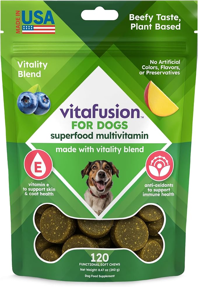 VitaFusion for Dogs Superfood Multivitamin – Daily Immune, Skin & Bone Support with Vitamins A, D & E + Antioxidant Superfoods – Vet Formulated Wellness for Puppies to Senior Dogs, 120 Chews.