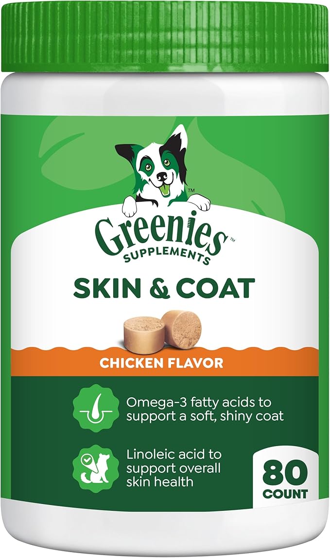 Greenies Supplements Dog Skin and Coat Supplements with Omega 3 Fatty Acids & Fish Oil for Dogs, Chicken Flavor, 14.7 oz, 80 Count