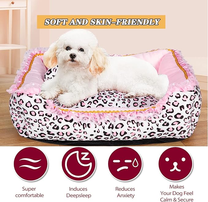 Gigreinc Dog Bed for Small Dogs - Cute Pink Leopard Dog Bed,Cat Beds for Indoor Cats Washable - Square Shape Cat Dog Sofa Bed Pet House Nest Cave(L, 22.0" L x 17.0" W x 6.0" Th