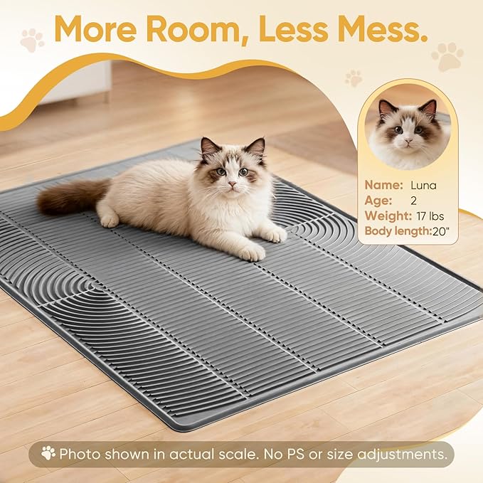 TRZZ XXL Extra Large Cat Litter Mat, Silicone Litter Box Mat for Floor, Waterproof & Non-Slip, Easy to Clean, Cat Litter Trapping Mat & Kitty Litter Catcher for Scatter Control (Blue)
