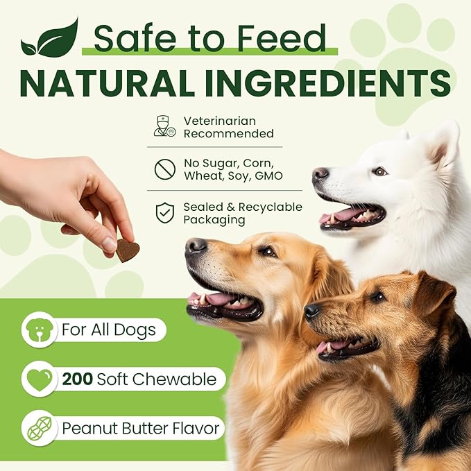 24-in-1 Dog Multivitamins Chewable, 200 Count Dog Vitamins and Supplements with Glucosamine Chondroitin Probiotics Omega-3 for Skin Coat Hip Joint Heart Liver Brain Eye Support - Peanut Butter