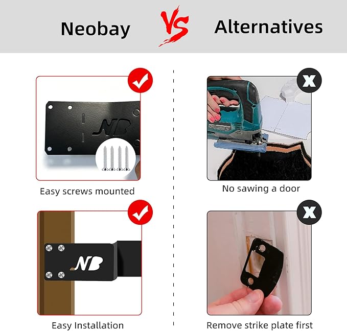 Neobay Steel Cat Door Latch, Door Prop for Cats Keep Dogs Out of Cat Litter Box, Cat Door Stopper with Silicone Anti-Collision Pad, Alternative to Interior Pet Door, Steel Black 2 Packs