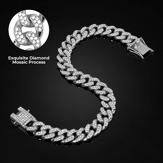 Dog Chain Collar Silver Dog Necklace Diamond Cuban Link Dog Collar 13mm Wide Metal Pet Cat Dog Chain Crystal Collar Jewelry Accessories for Large Medium Small Dogs Cats(Silver,16 Inch)