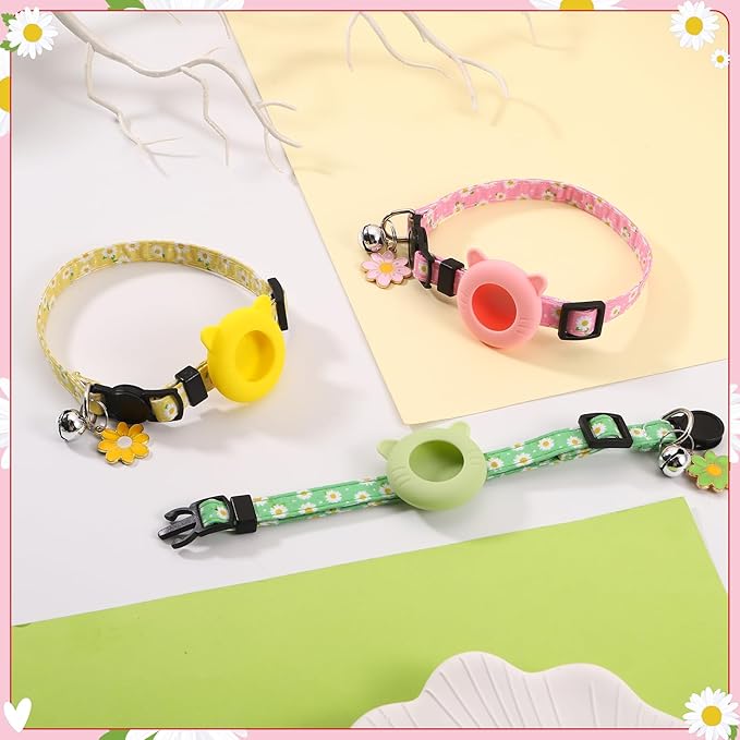 3 Pack Airtag Cat Collar Breakaway Floral Cat Collars with Air Tag Holder, Bells and Flower Charm Adjustable Safety Kitten Collars for Girl Boy Cats