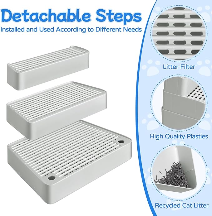 Extra Large 3 Steps Litter Box Ramp, Adjustable Cat Litter Box Step with Filter Function, Easy to Clean Cat Litter Stair Catcher for Elderly Cats and Kitten (Light Grey)