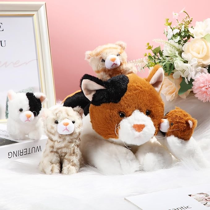 Skylety 5 Pieces Cat Stuffed Animal with Babies Inside Belly Plush Cat Pregnant Mommy Kitty with 4 Cute Fluffy Stuffed Kittens Christmas Birthday Surprise Gifts(Orange, Black, White)