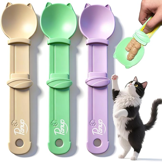 3 Pack Cat Treat Dispenser Spoon - Squeeze Cat Strip Feeder for Lickable Treats and Puree, Ergonomic Cat Treat Squeeze Spoon for Liquid Snacks & Wet Food, Mess-Free Pet Feeding Tool (Cat Round Style)