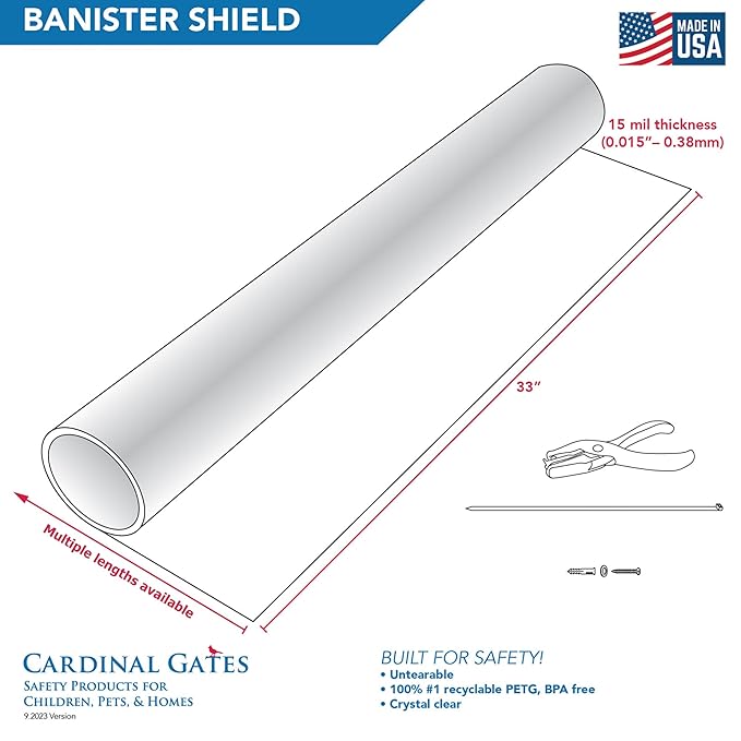Cardinal Gates KS5 Banister Shield Protector - Clear Indoor Banister Guard for Babies - Shatterproof Plastic Banister Guard for Pets - Made in The USA - 5 Foot Roll