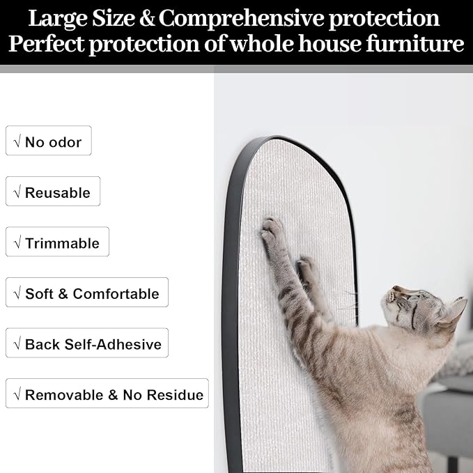 Cat Scratching Mat, Trimmable DIY Self-Adhesive Anti Scratch Furniture Protector, Climbing Wall Carpet, Couch Protector, Scratcher Scratching Pad Post Replacement (Beige, 78.7"x15.8")