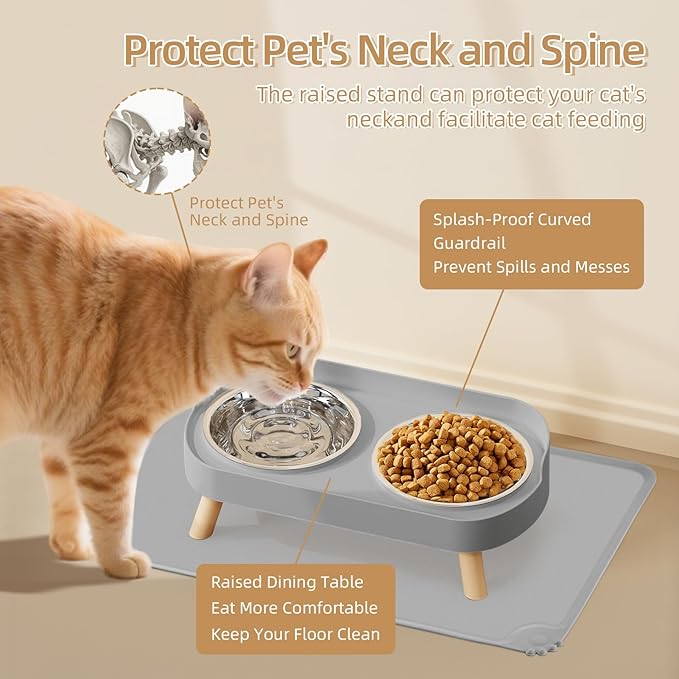Elevated Cat Bowl with Food Mat, Raised Cat Food and Water Bowl Set for Indoor Cats, Splash Proof with 2 Stainless Steel Pet Food Bowls for Cats and Puppies,Whisker Fatigue and Dishwasher Safe (Grey)