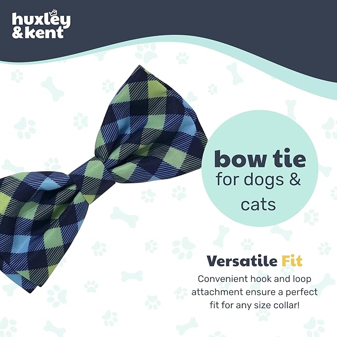 Huxley & Kent Pet Bow Tie for Dogs & Cats - Adjustable Hook & Loop Collar Accessory - Cute & Comfortable for Holidays & Celebrations - Navy Check, Large
