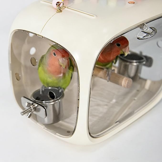 Small Bird Travel Cage Carrier, Portable Parrot Parakeet Cockatiels Carrier with Standing Perch and Easy Clean Tray, Budgies Transparent Breathable Cage with Accessories (Beige)