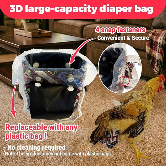 【3rd-Upgrade】 Reusable 3D Chicken Diapers for Indoor Chickens – Leak-Proof 3D Pouch with Replaceable Bag, Adjustable Straps & Cross-Back Design, Fit for Hens and Roosters(Plastic Bags not Included)