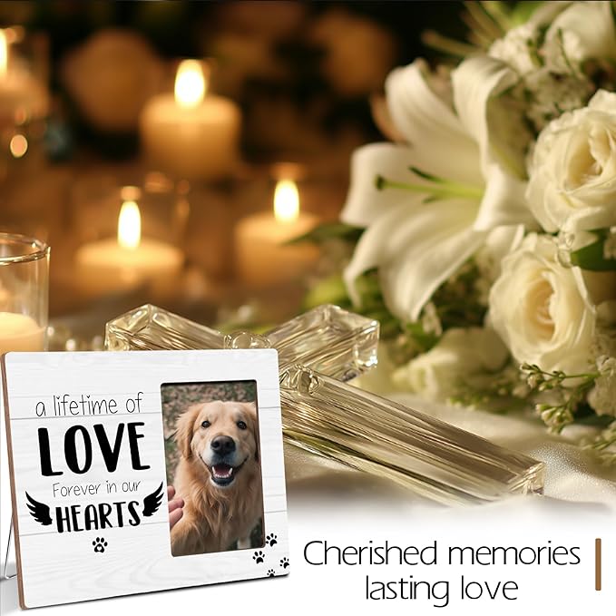 Pet Memorial Gifts for Loss of Pet, Forever In Our Heart, Dog Cat Memorial Wooden Picture Frame Sympathy Gifts, Fits 4x6 Photo Frame