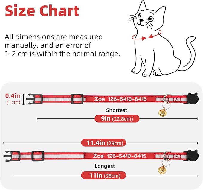 Cat Collar, Personalized Nylon Breakaway Cat ID Collar Embroidered with Pet Name and Phone Number and Bell (Without Airtag case)