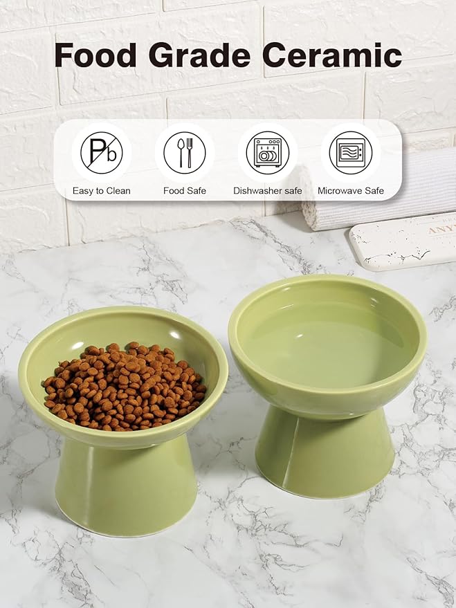 LoeJan Elevated Food and Water Bowls Set, Extra Wide and Raised Ceramic Feeder, Anti-Vomit Whisker-Free Pressure Cat Bowl for Kittens to Adult Cats, Small Dogs (Green, Water Bowl)
