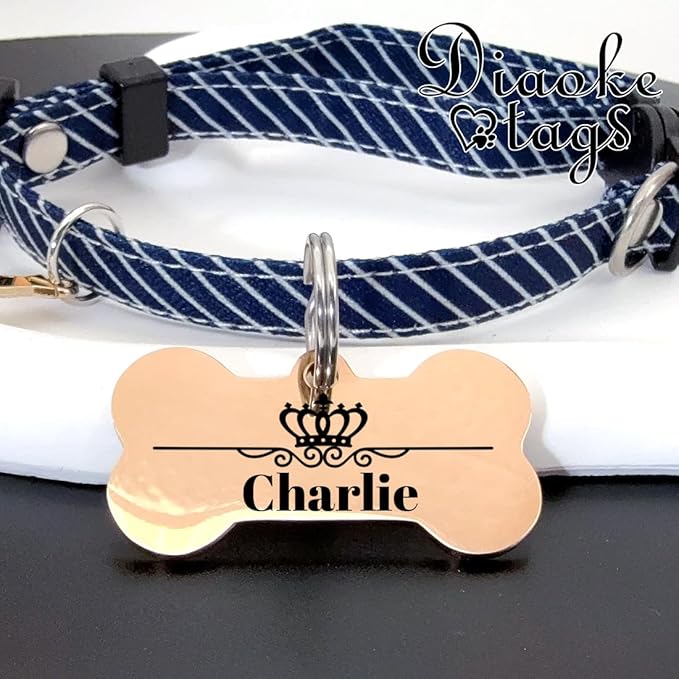 Personalized Dog Tags and Cat Tags, Stainless Steel Pet ID Tags, Collar Charm Engraved on Both Sides, up to 4 Lines of Custom Text, Various Patterns and Colors Options (Bone)