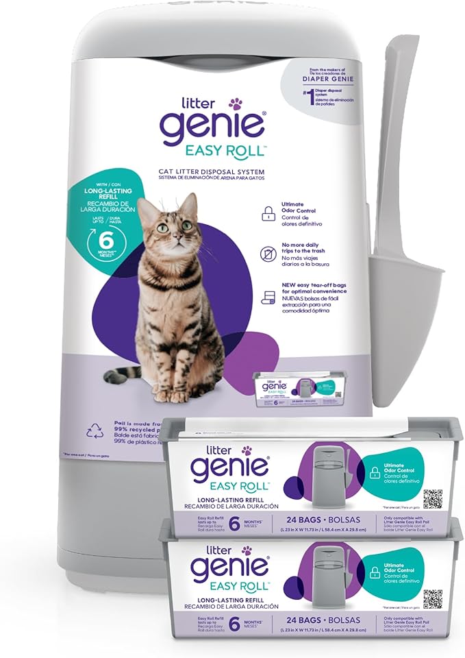 Bundle of Litter Genie Easy Roll Pail | Cat Litter Box Waste Disposal System for Odor Control with 1 Starter Refill (24 Bags) + Litter Genie Easy Roll Refill (24 Bags)
