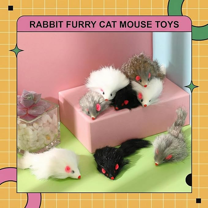 Hungdao 24 Pcs Furry Mice Interactive Catch Play Rabbit Fur Mouse Rattle Sound Rat Plush for PET Cats and Kittens, 3 Colors (White,Black,Gray)