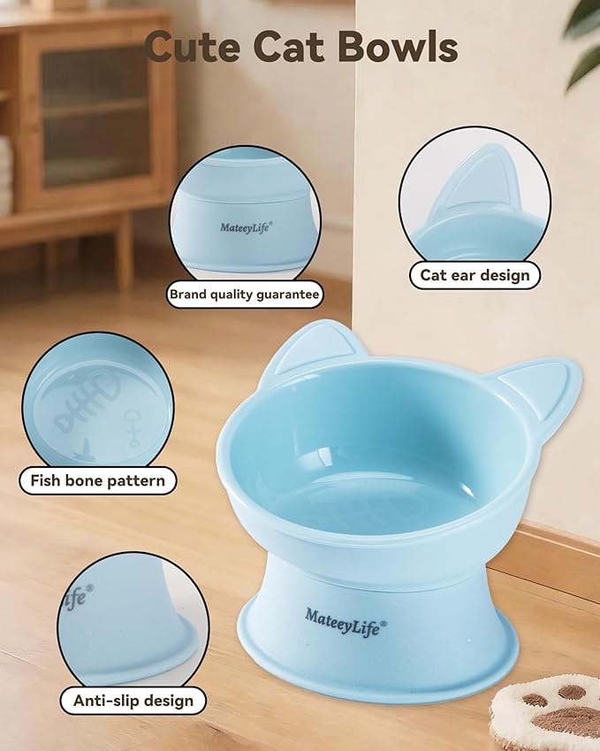 MateeyLife Raised Cat Bowls, Cat Food Bowl Elevated for Kittens & Small Dogs, 15°Tilted Protect Pets' Neck and Anti Vomiting, Whisker Friendly Food & Water Feeding Bowl, 6 oz Each - Blue