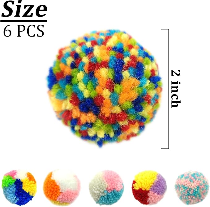 Andiker 6 Pcs Assorted Color Cat Ball Toys, Woolen Yarn Puffs Cat Pom Pom Balls Interactive Kitten Chasing Toys