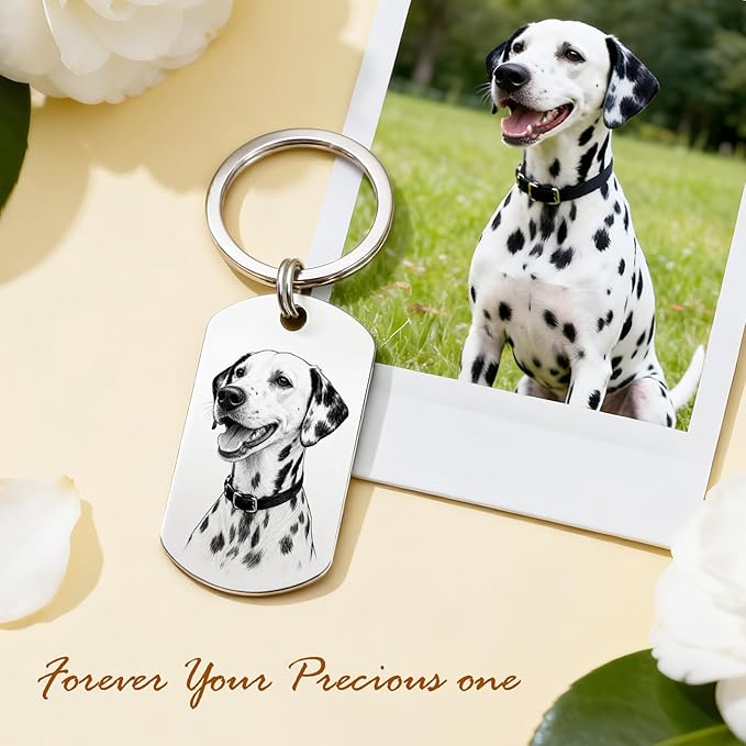 Custom Dog or Cat Portrait Keychain, Personalized Photo Engraved Keychains with Name, Customized Pet Memorial Gifts for Loss of Pets (Dog Tag – Memorial Style)