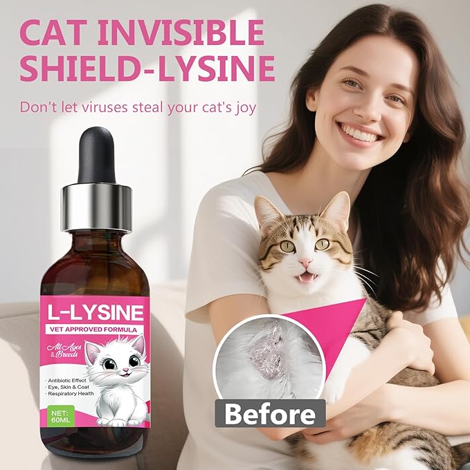 L-Lysine for Cats,Immune Support,Tasty Chicken Flavor L-Lysine Supplement for Daily Wellness & Vitality - 60ML with Dropper for Easy Dosing