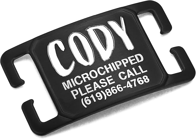 Deep Laser Custom Font Engraved Slide - No Noise Collar Tags, PVD Black Stainless Steel, 5 Lines of Personalized Text - Pet ID Name Tags for Dogs & Cats - Medium