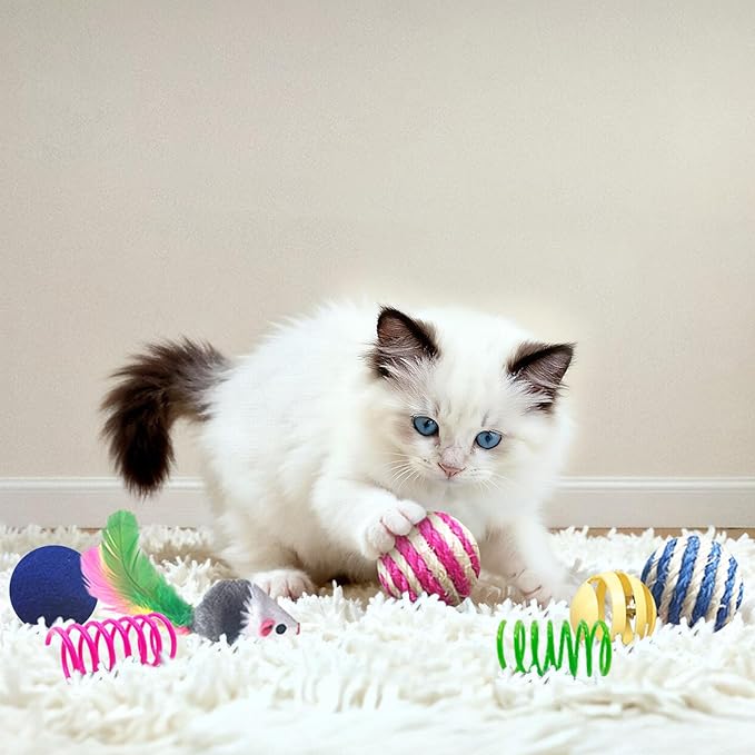 AGYM Cat Toys for Indoor Cats, 35 Packs Interactive Cat Toys Set with Colorful Springs, Mouse Cat Toy, Crinkle, Sisal, Pompom and Color Bell Balls for Kittens