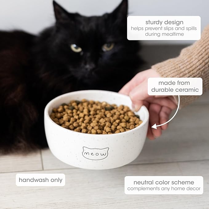 Pearhead Ceramic Meow Cat Bowl, Holds 12 oz, Whisker-Friendly Pet Dish for Food and Water, Modern Speckled White
