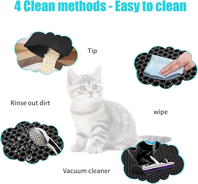 Cat Litter Mat, Kitty Litter Collector, Double Layered Honeycomb Design Waterproof, Anti Urine, Anti Slip, Easy to Clean, Limit Garbage (30"x24", Black)