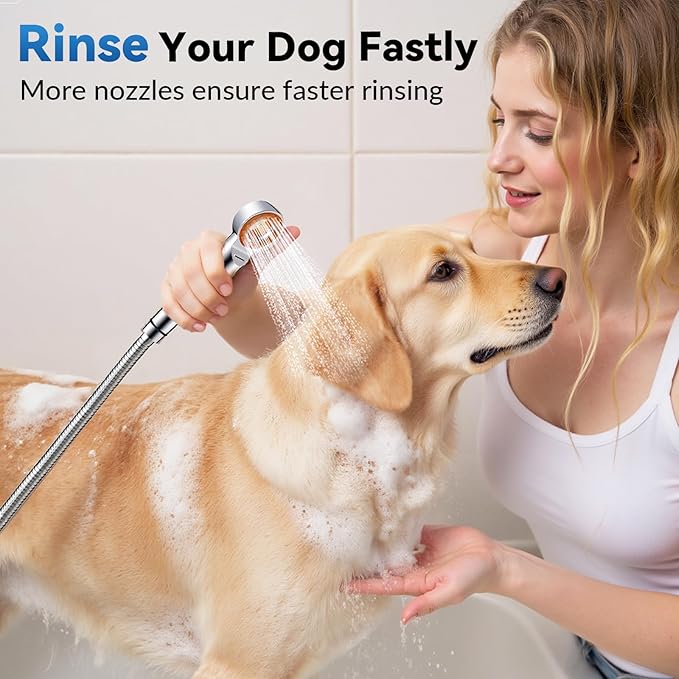 Dog Shower Attachment, 3 Mode Handheld Sprayer with ON/OFF Switch, G1/2" Metal Diverter, 100 Inches Stainless Steel Hose, No Drill Holder, for Pet and Dog Washing in Bathroom