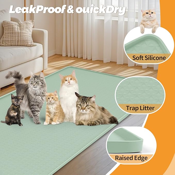Cat Litter Mat, Extra Large 51" x 25.6" Silicone Mat Litter Trapping Mat for Scatter Control, Soft on Kitty Paws, Easy to Clean (Green)