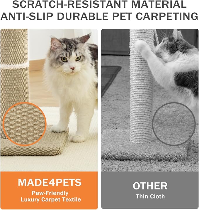 Made4Pets Tall Cat Scratching Post, 23.6" Modern Cat Scratcher with Hanging Balls, Heavy Duty and Thicker Scratching Post for Indoor Cats Adults, Sturdy Base Cat Scratch Post, Beige