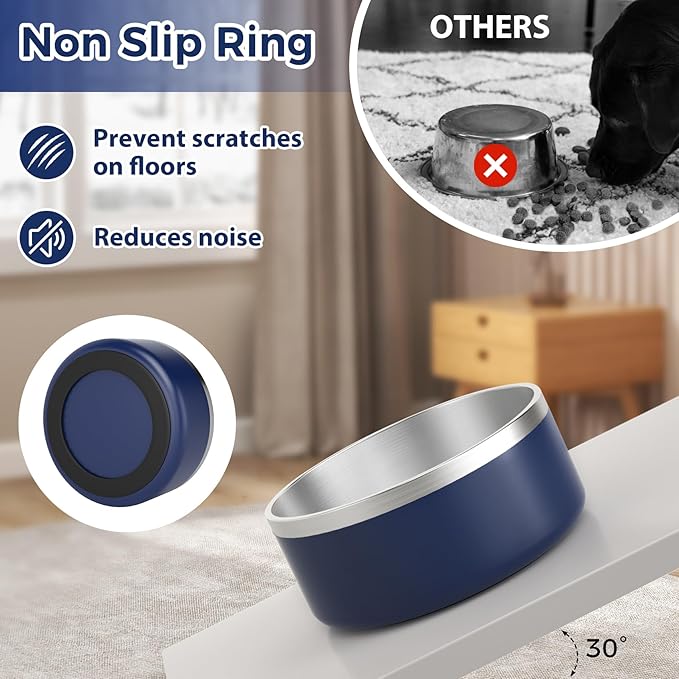 Stainless Steel Dog Bowl, Metal Water and Food Dish for Large Dogs, Insulated Non-Slip Pet Bowl, Easy Clean, 64oz, Blue