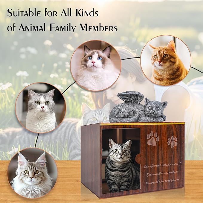 Cat Urn for Ashes - Large Wooden Texture Acrylic Memorial Urn with Angel Cat Statue, Pet Urns for Cats Ashes Keepsake Box - Sympathy Remembrance Gift for Loss of Beloved Pet Urns for Cats