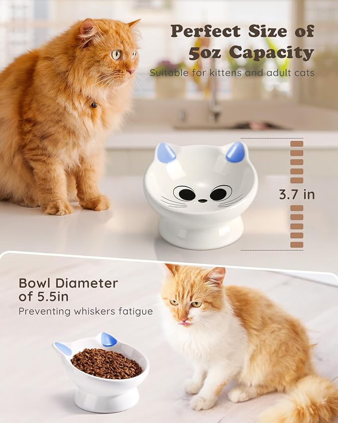 Raised Cat Food Bowl Ceramic 15° Tilted Cat Food Bowls Protect Cat's Spine Anti Vomiting Backflow Prevention Bowls for Adult Cats, Kitten, and Small Dogs, Blue
