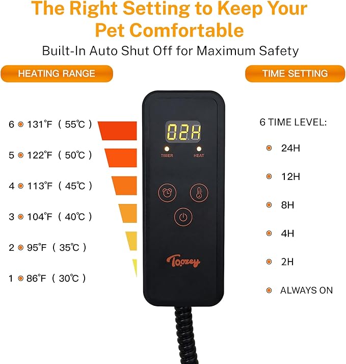 Toozey Small Pet Heating Pad, 6 Adjustable Temperature Dog Cat Heating Pad with Timer, Waterproof Heated Cat Bed with Chew Resistant Cord, Indoor Electric Pet Heated Mat 18x16in