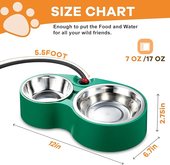 Heated Cat Bowl with Soft Indicator Light – Double Removable Stainless Steel Bowls, Freeze-Proof Water & Food, Overheat Protected, Chew-Resistant Cord, UL Listed