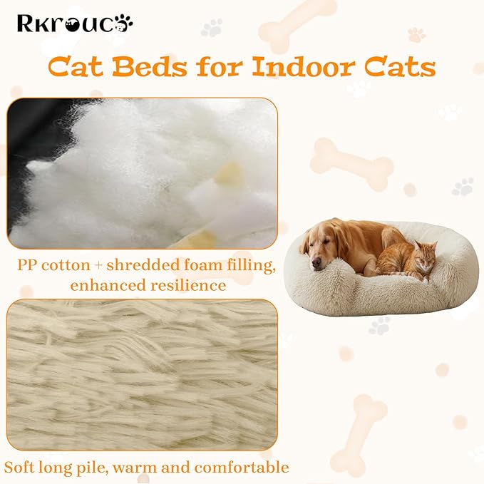 Fluffy Dog Bed Calming Donut Beds for Large Dogs Warming Round Small Medium Pet Nest Cozy Cat Mattress Indoor Washable Puppy Kennel Kittens Sleep Mat (M, 27.5×27.5 inch, Khaki)
