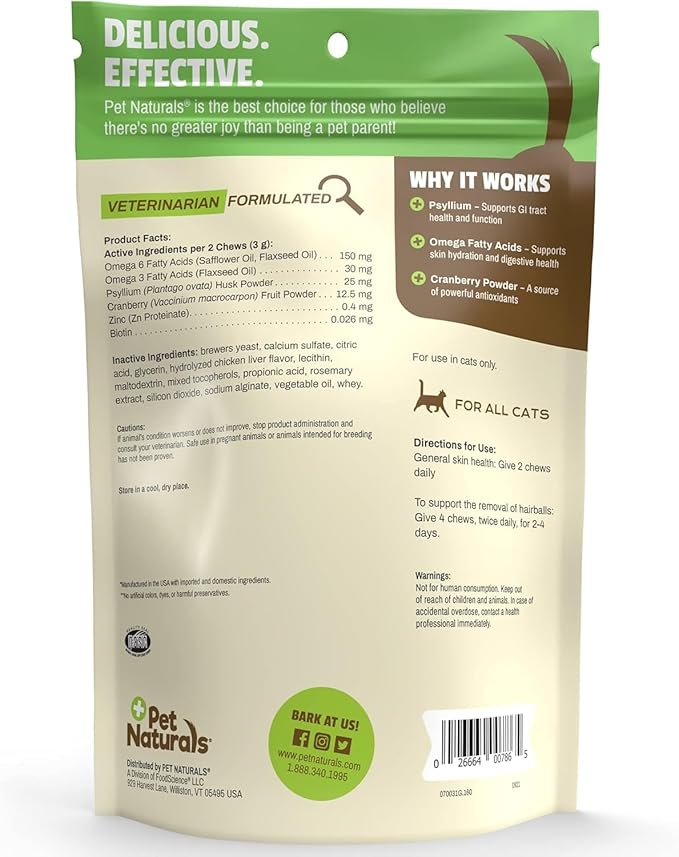 Pet Naturals Hairball Soft Chews for Cats, Omegas & Biotin for Skin Health, No Wheat or Corn, Vet Formulated, Value Size, Chicken, 160 Count