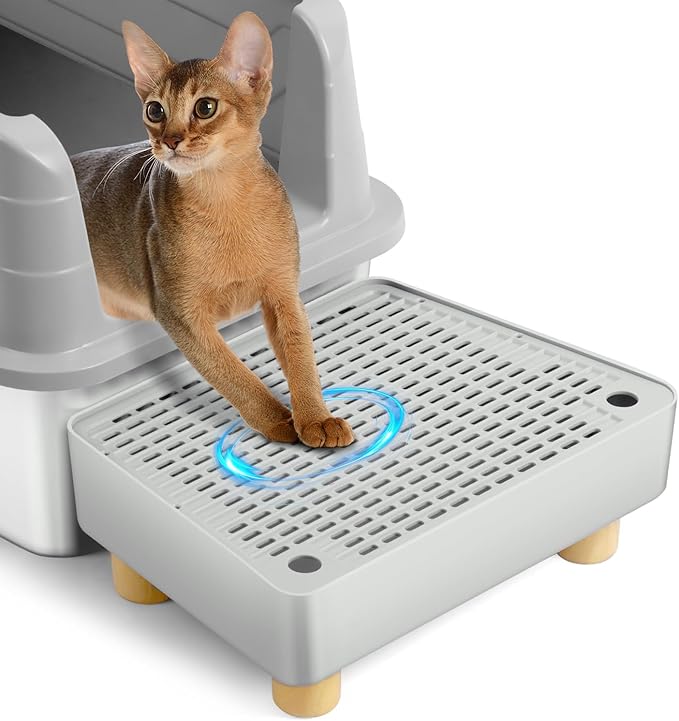 Extra Large Cat Litter Box Step Ramp, Cat's Litter Catcher Mat with Wooden Feet, Filter Function, Pedal Stool for Self-Cleaning Cat Litter Box, Ideal for Kitten & Elderly Cats (Light Grey)